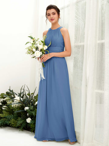Carlyna Robe trapèze col rond longueur ras du sol froncé demoiselle d'honneur Bleu Poussiéreux #couleur_bleu-poussi-reux