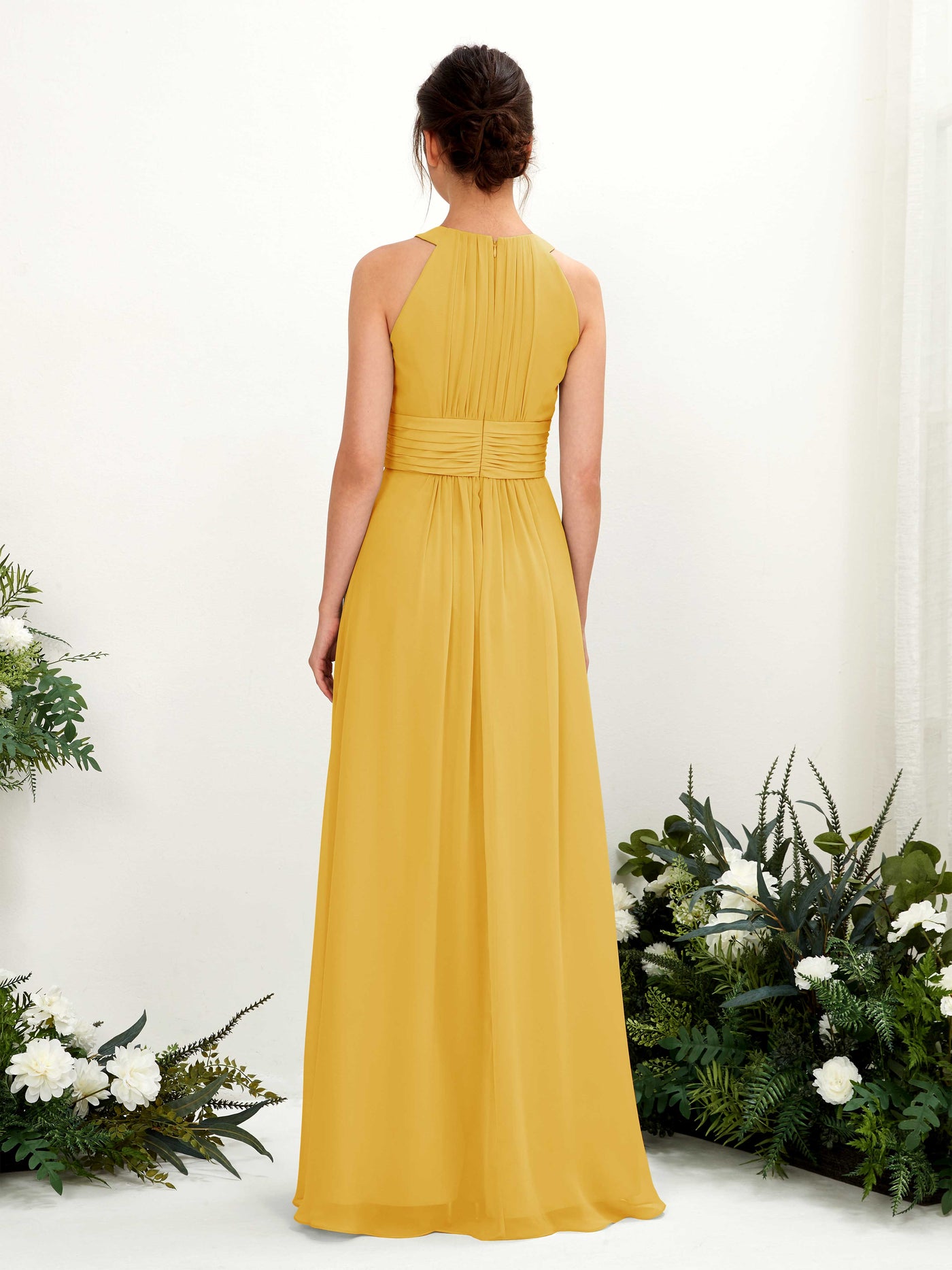 Carlyna Robe trapèze col rond longueur ras du sol froncé demoiselle d'honneur Jaune Moutard #couleur_jaune-moutard