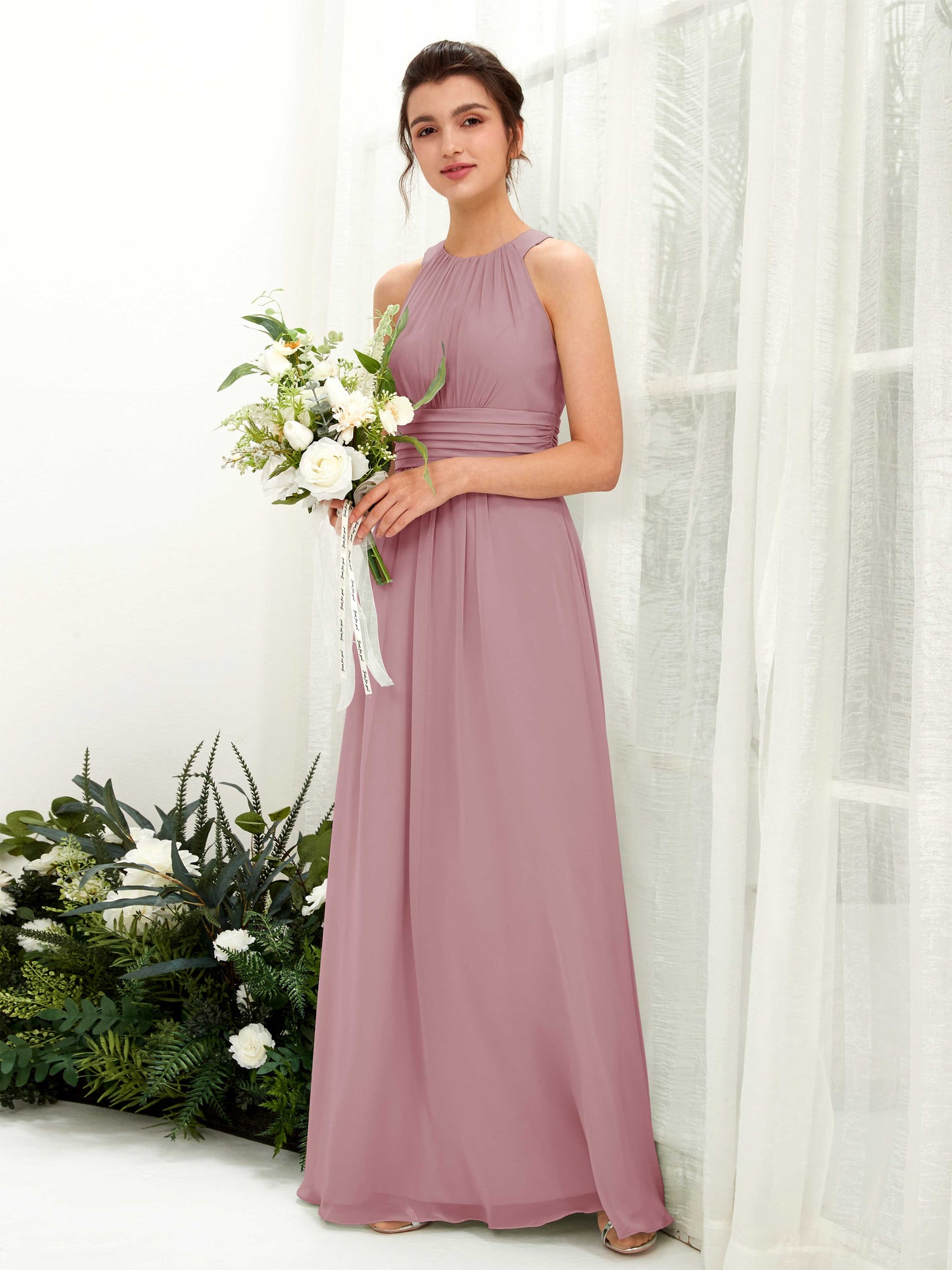 Carlyna Robe trapèze col rond longueur ras du sol froncé demoiselle d'honneur Mauve Vintage #couleur_mauve-vintage