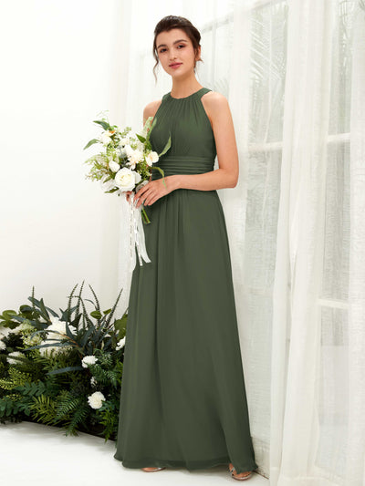 Carlyna Robe trapèze col rond longueur ras du sol froncé demoiselle d'honneur Olive Martini #couleur_olive-martini