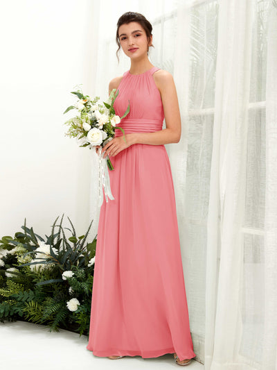 Carlyna Robe trapèze col rond longueur ras du sol froncé demoiselle d'honneur Rose Corail #couleur_rose-corail