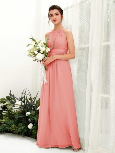 Carlyna Robe trapèze col rond longueur ras du sol froncé demoiselle d'honneur Rose Pêche #couleur_rose-p-che