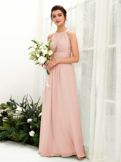 Carlyna Robe trapèze col rond longueur ras du sol froncé demoiselle d'honneur Rose Perle #couleur_rose-perle