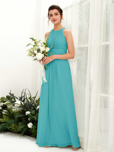 Carlyna Robe trapèze col rond longueur ras du sol froncé demoiselle d'honneur Turquoise #couleur_turquoise