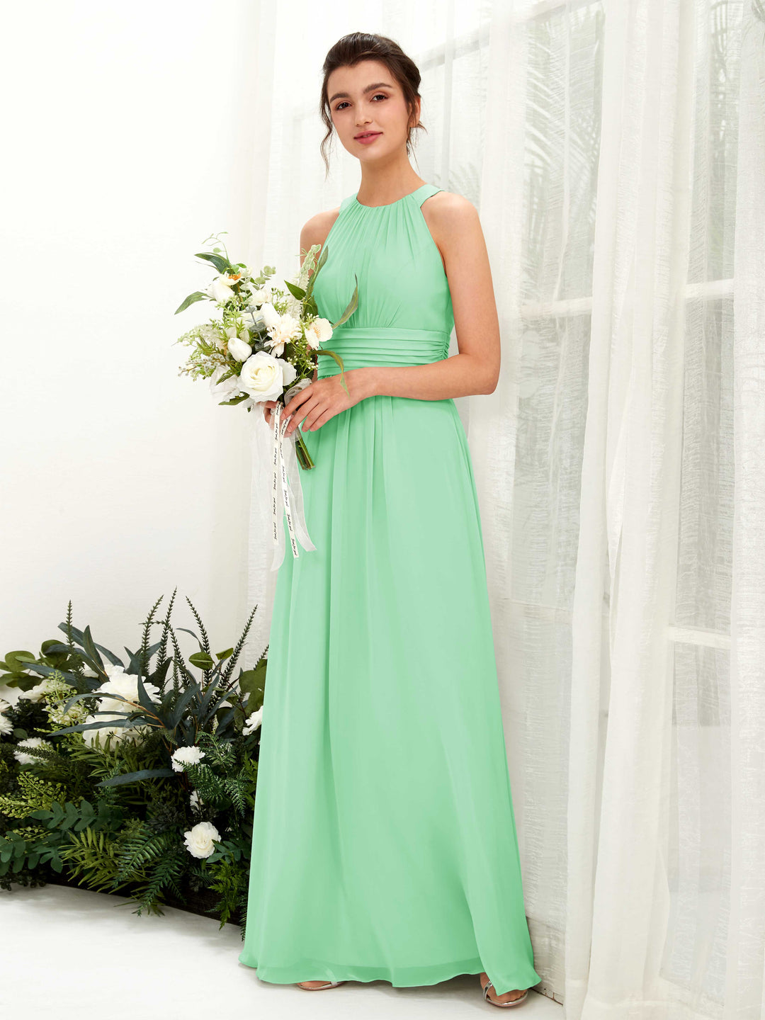 Carlyna Robe trapèze col rond longueur ras du sol froncé demoiselle d&