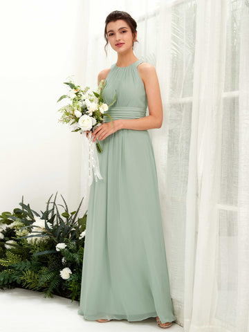 Carlyna Robe trapèze col rond longueur ras du sol froncé demoiselle d'honneur Vert Sauge Foncé #couleur_vert-sauge-fonc