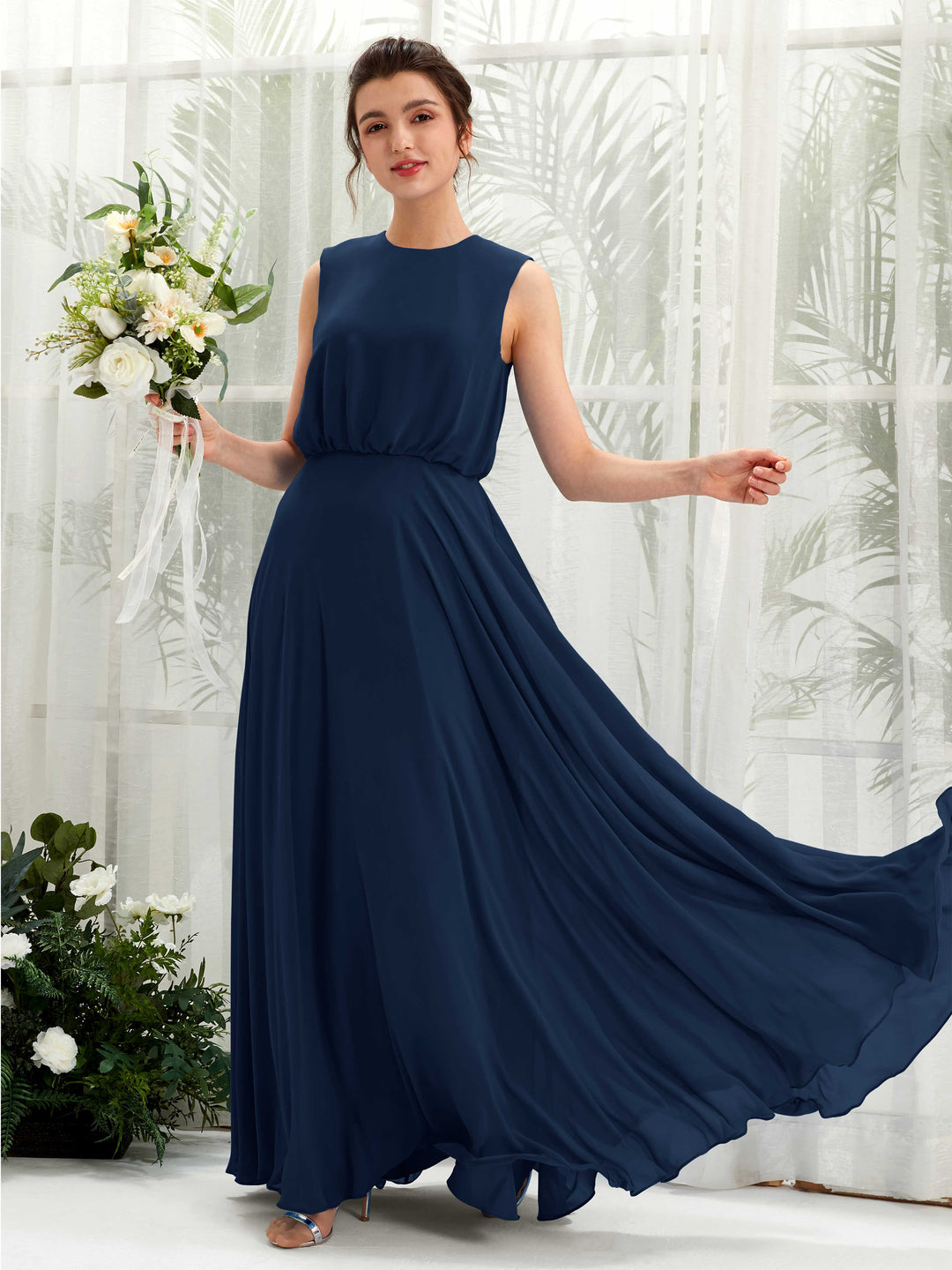 Carlyna Robe trapèze col rond longueur ras du sol mousseline demoiselle d&