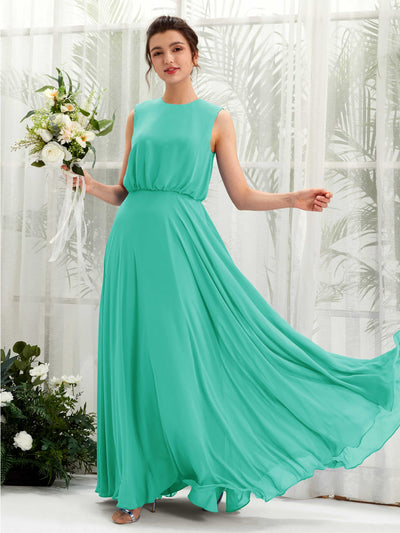 Carlyna Robe trapèze col rond longueur ras du sol mousseline demoiselle d'honneur Bleu Tiffany #couleur_bleu-tiffany