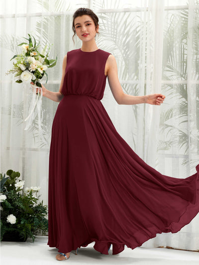 Carlyna Robe trapèze col rond longueur ras du sol mousseline demoiselle d'honneur Bordeaux #couleur_bordeaux