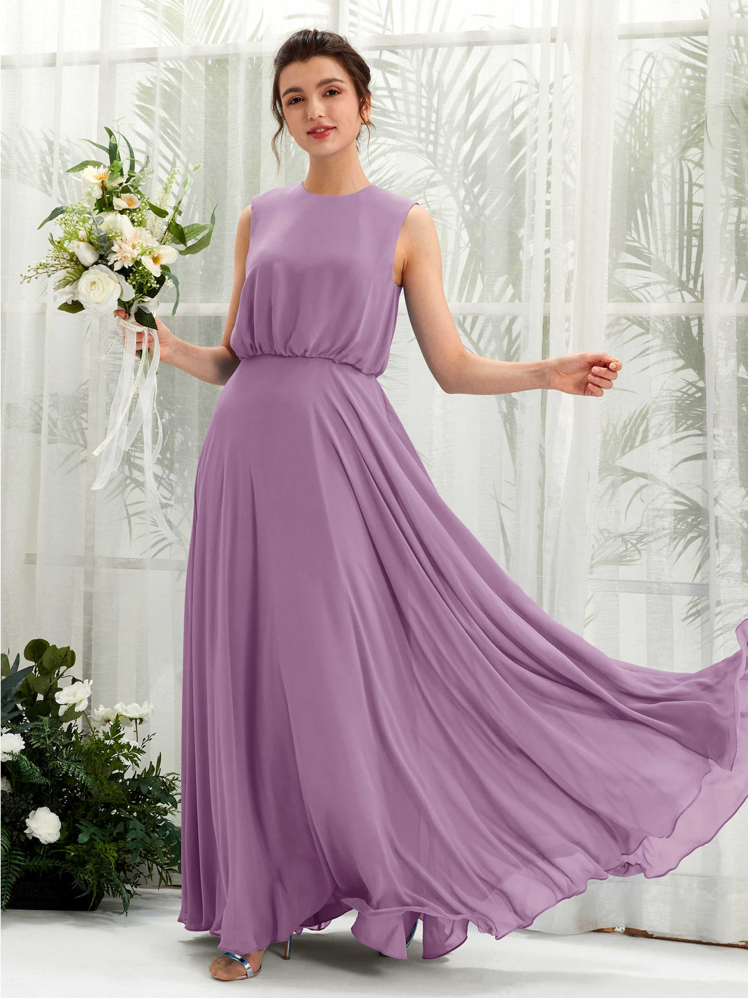 Carlyna Robe trapèze col rond longueur ras du sol mousseline demoiselle d&