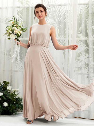 Carlyna Robe trapèze col rond longueur ras du sol mousseline demoiselle d'honneur Champagne #couleur_champagne
