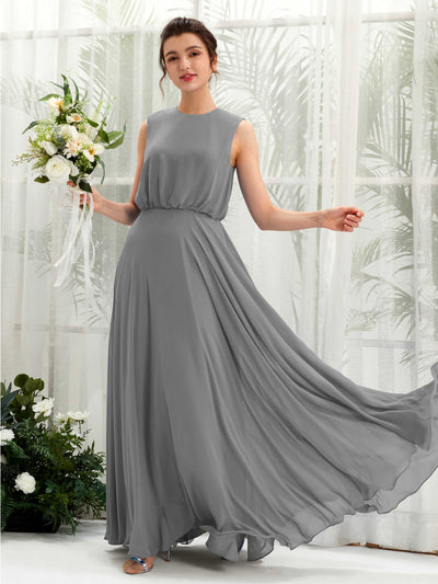 Carlyna Robe trapèze col rond longueur ras du sol mousseline demoiselle d'honneur Gris Acier #couleur_gris-acier