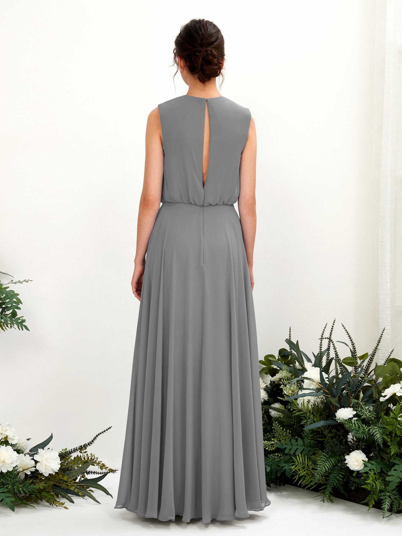 Carlyna Robe trapèze col rond longueur ras du sol mousseline demoiselle d'honneur Gris Acier #couleur_gris-acier