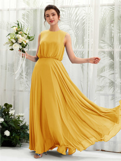 Carlyna Robe trapèze col rond longueur ras du sol mousseline demoiselle d'honneur Jaune Moutard #couleur_jaune-moutard