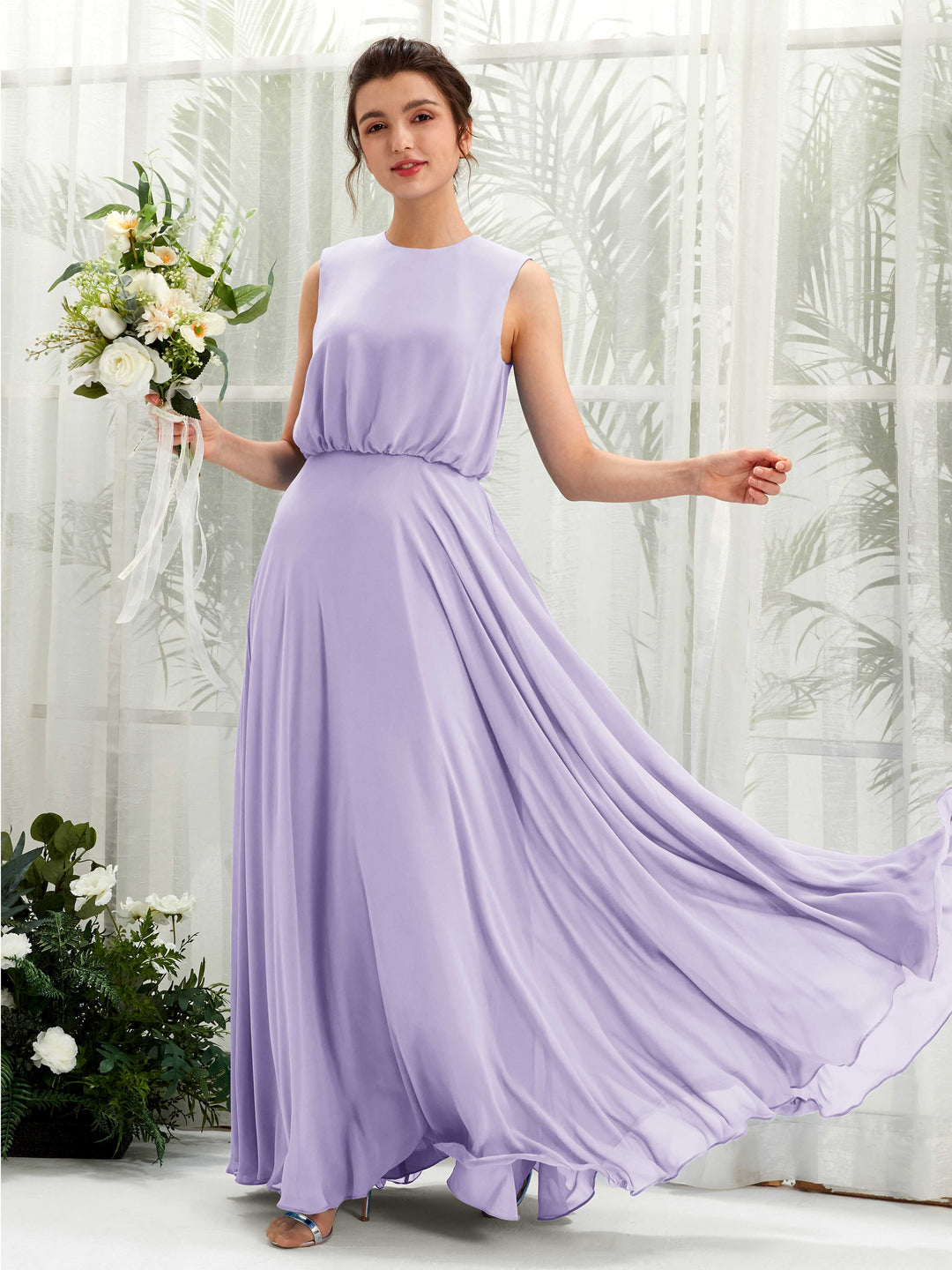Carlyna Robe trapèze col rond longueur ras du sol mousseline demoiselle d&