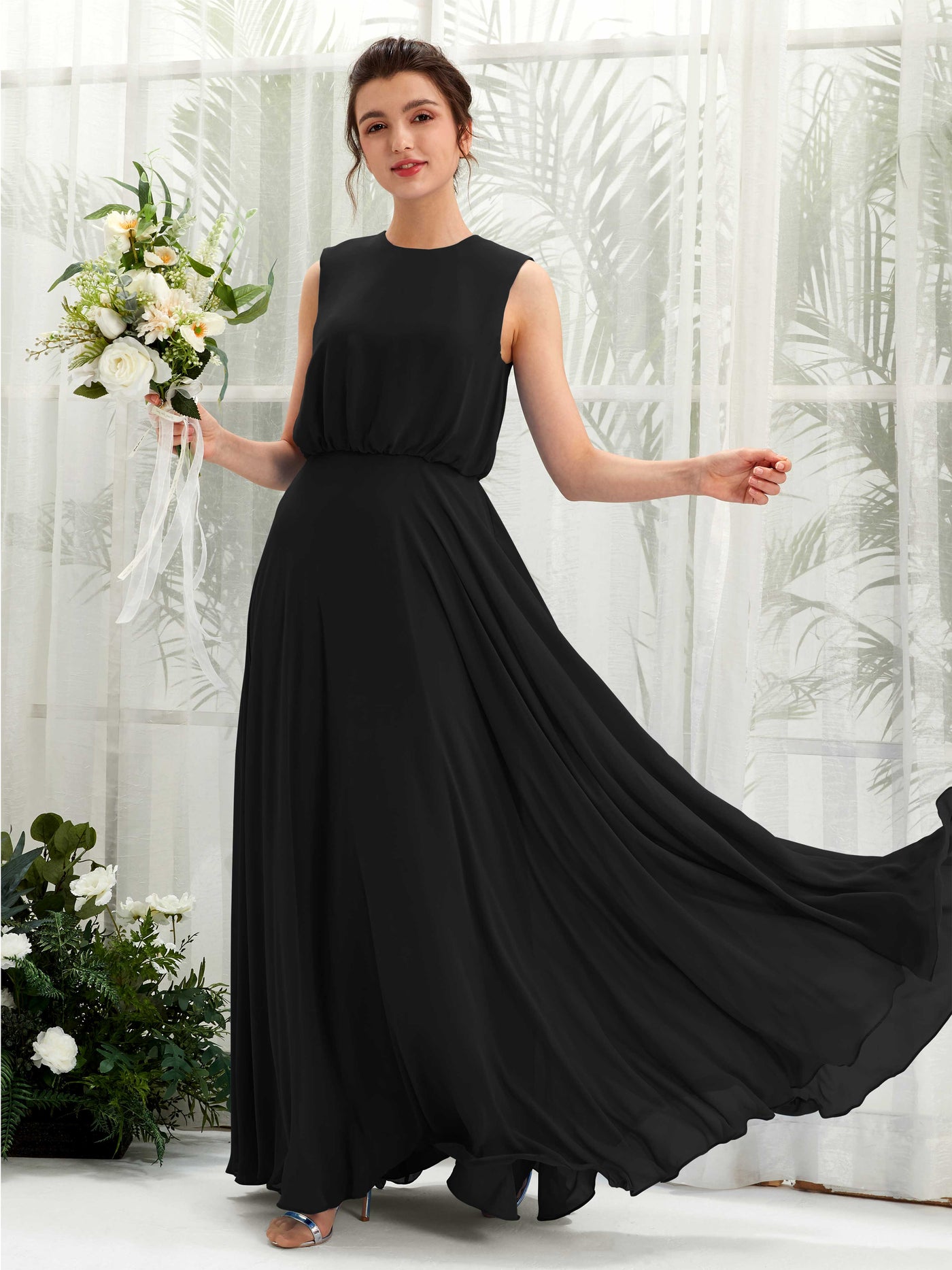 Carlyna Robe trapèze col rond longueur ras du sol mousseline demoiselle d'honneur Noir #couleur_noir