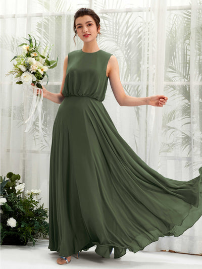Carlyna Robe trapèze col rond longueur ras du sol mousseline demoiselle d'honneur Olive Martini #couleur_olive-martini