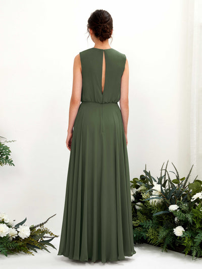Carlyna Robe trapèze col rond longueur ras du sol mousseline demoiselle d'honneur Olive Martini #couleur_olive-martini