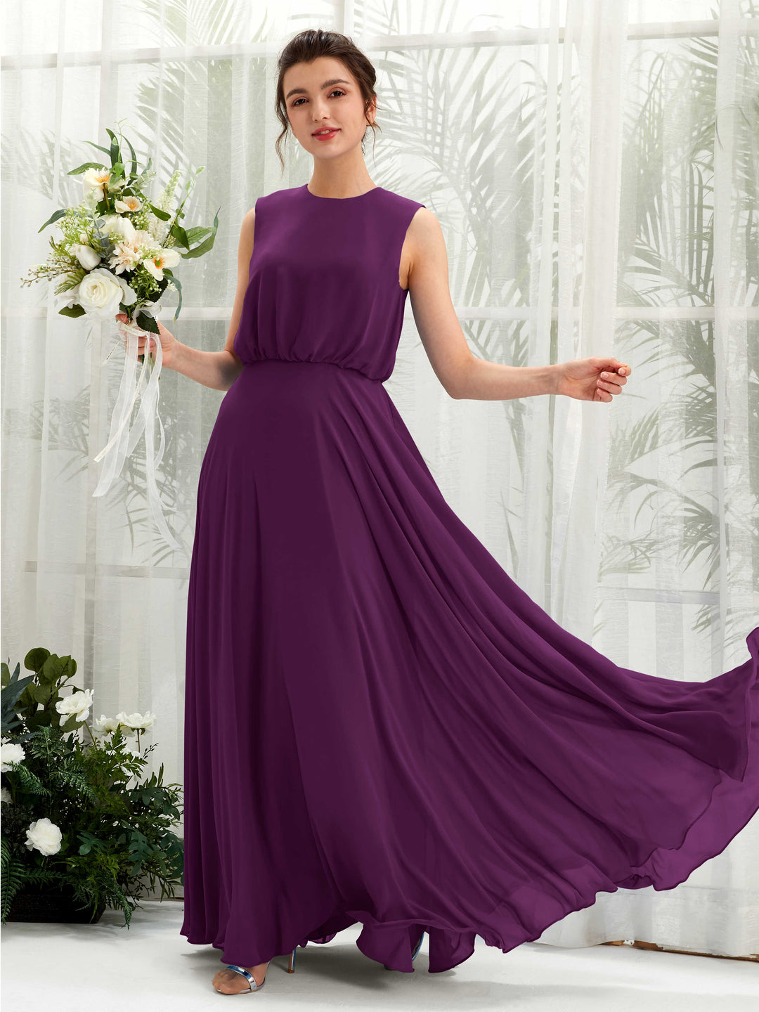 Carlyna Robe trapèze col rond longueur ras du sol mousseline demoiselle d&