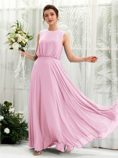 Carlyna Robe trapèze col rond longueur ras du sol mousseline demoiselle d'honneur Rose Bonbon #couleur_rose-bonbon