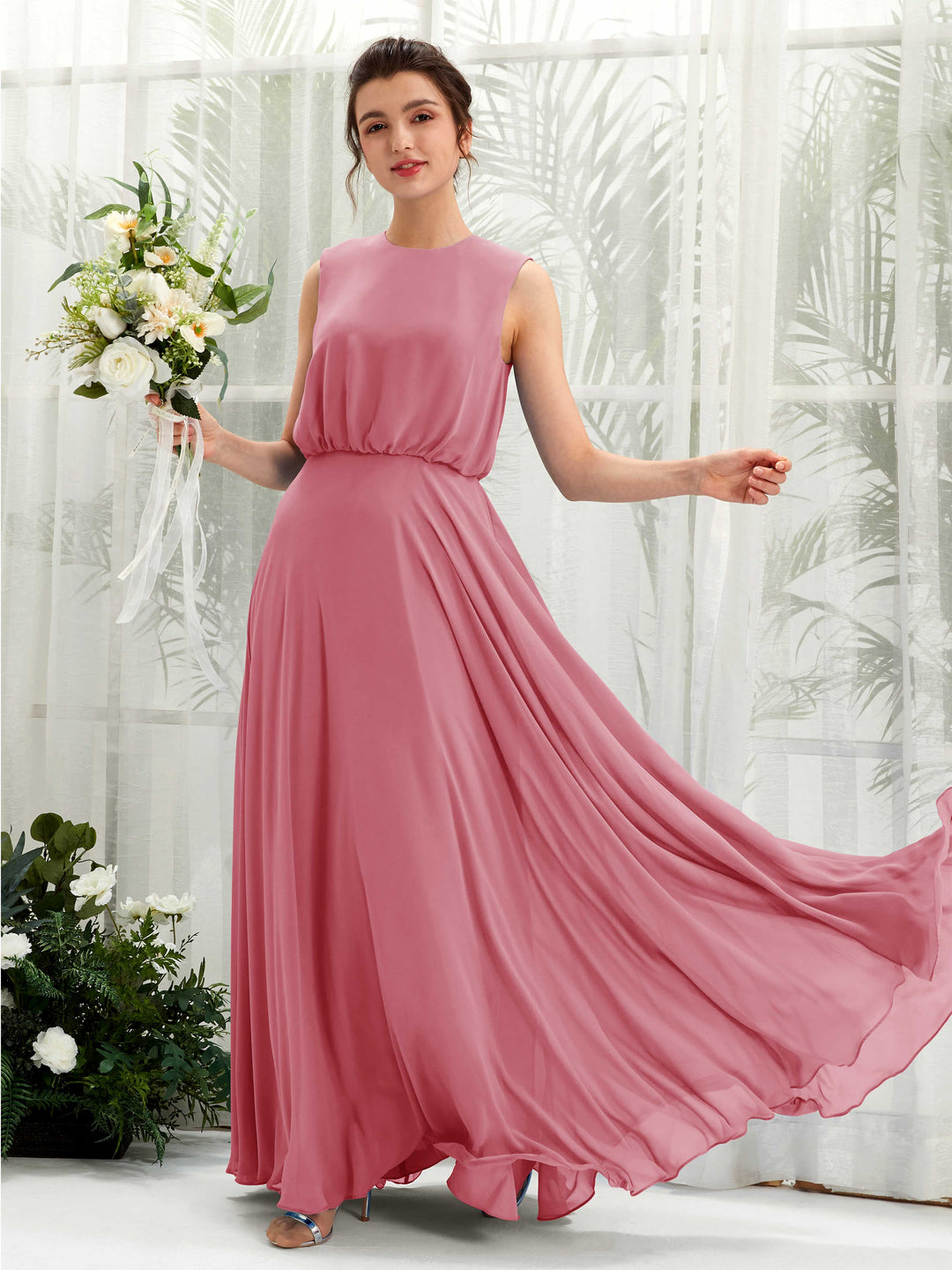Carlyna Robe trapèze col rond longueur ras du sol mousseline demoiselle d&