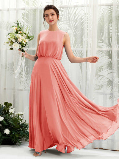 Carlyna Robe trapèze col rond longueur ras du sol mousseline demoiselle d'honneur Rose Pêche #couleur_rose-p-che