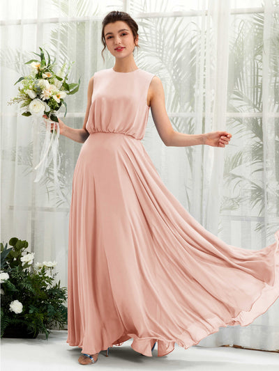 Carlyna Robe trapèze col rond longueur ras du sol mousseline demoiselle d'honneur Rose Perle #couleur_rose-perle