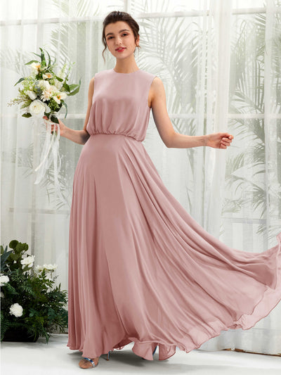 Carlyna Robe trapèze col rond longueur ras du sol mousseline demoiselle d'honneur Rose Poussiéreux #couleur_rose-poussi-reux