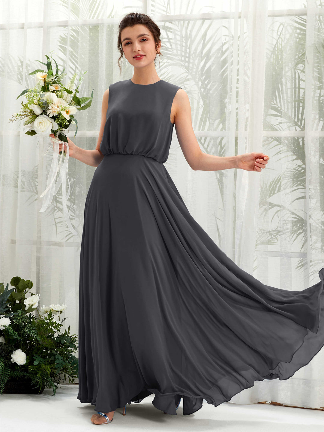 Carlyna Robe trapèze col rond longueur ras du sol mousseline demoiselle d&