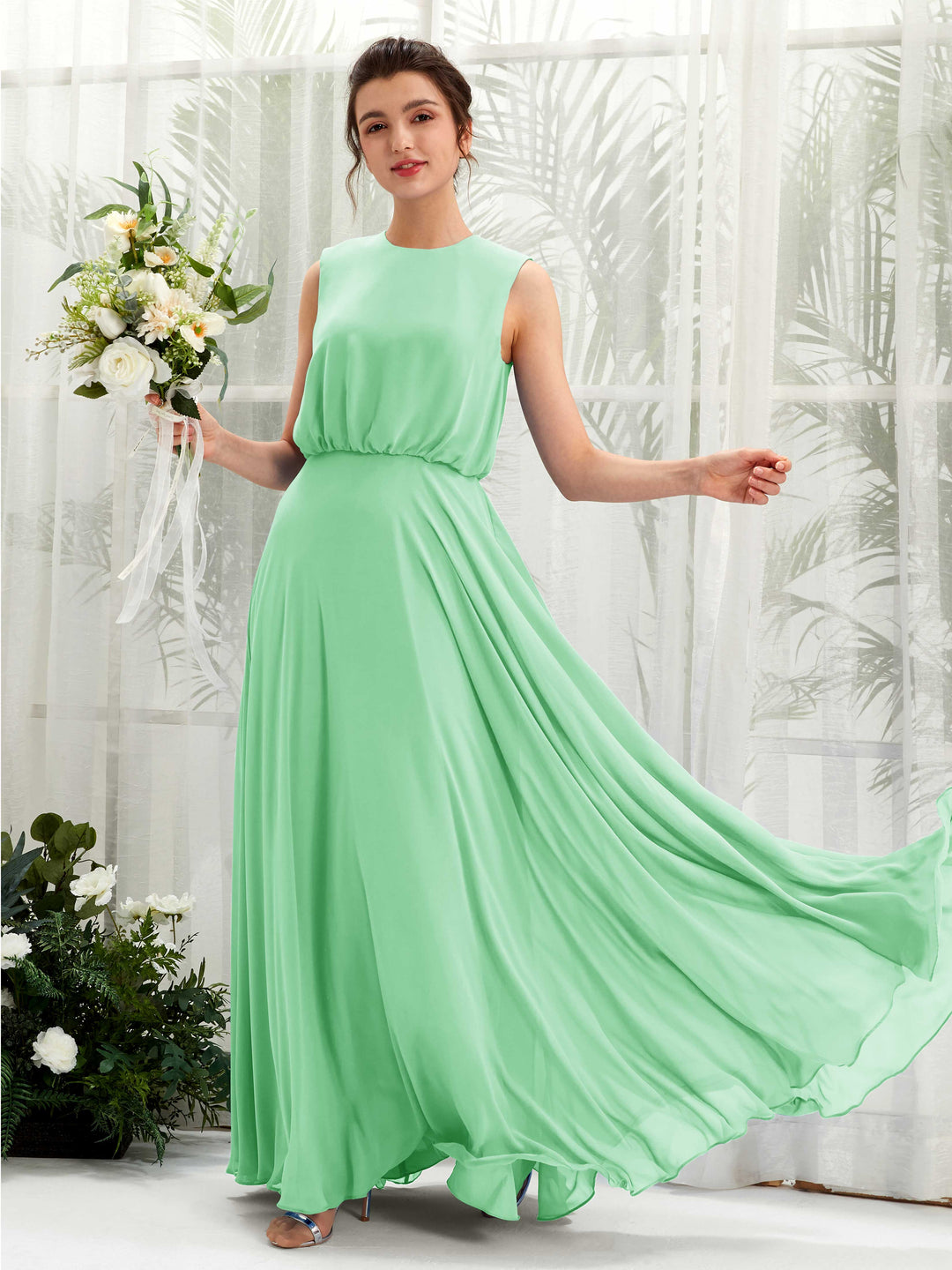 Carlyna Robe trapèze col rond longueur ras du sol mousseline demoiselle d&
