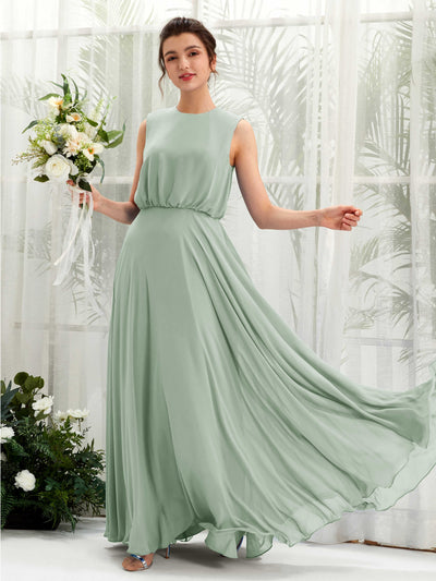 Carlyna Robe trapèze col rond longueur ras du sol mousseline demoiselle d'honneur Vert Sauge Foncé #couleur_vert-sauge-fonc
