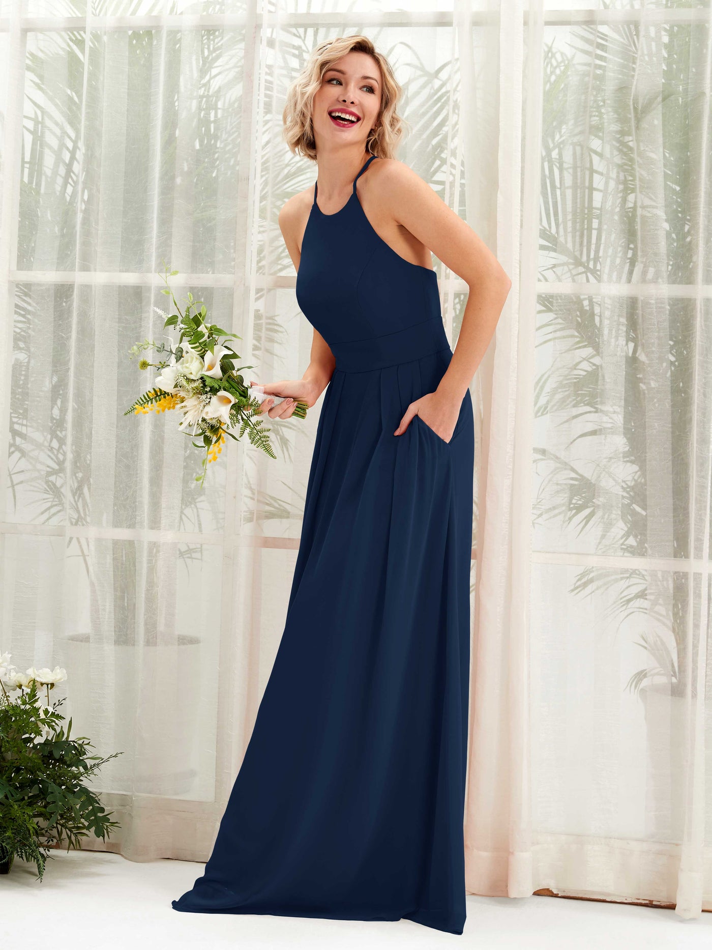 Carlyna Robe Trapèze Col Rond Longueur Ras du Sol Poches Demoiselle d'Honneur Bleu Marine #couleur_bleu-marine