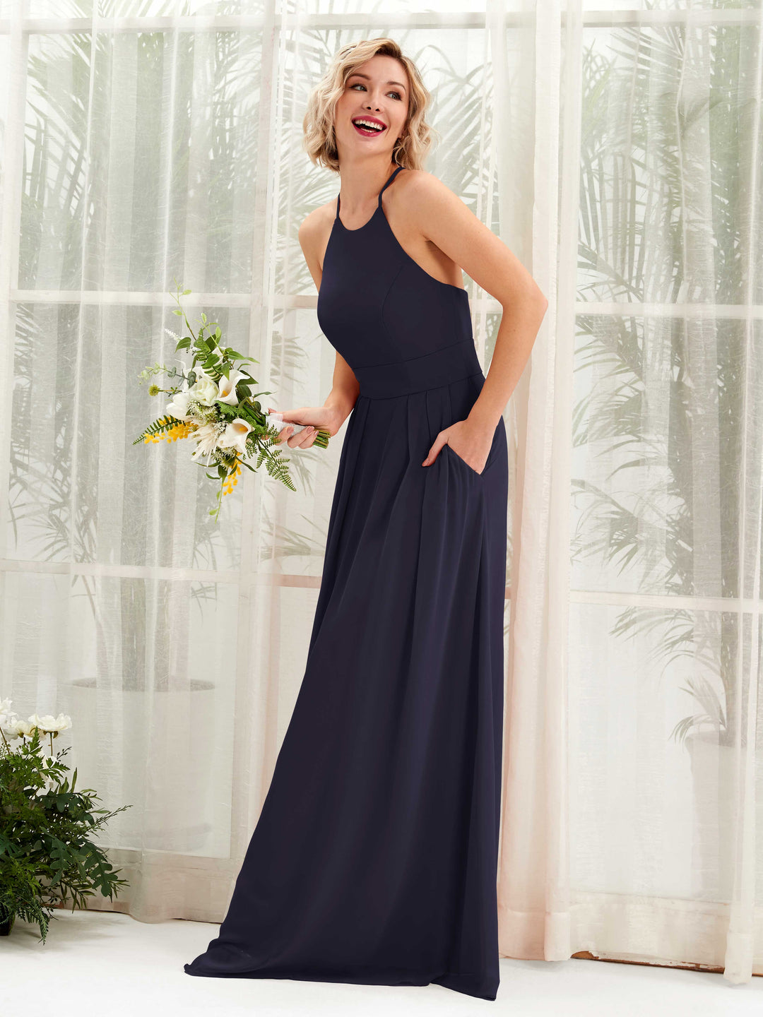 Carlyna Robe Trapèze Col Rond Longueur Ras du Sol Poches Demoiselle d&