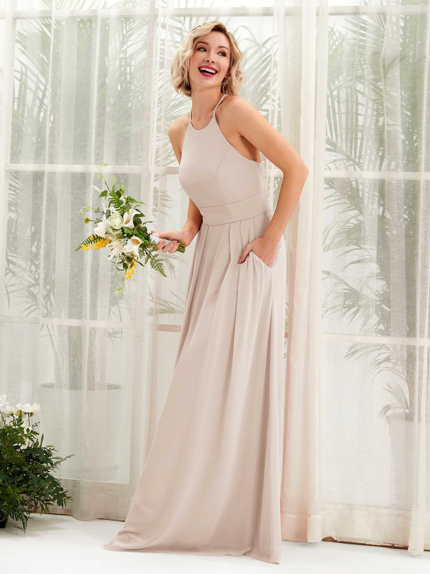 Carlyna Robe Trapèze Col Rond Longueur Ras du Sol Poches Demoiselle d'Honneur Champagne #couleur_champagne