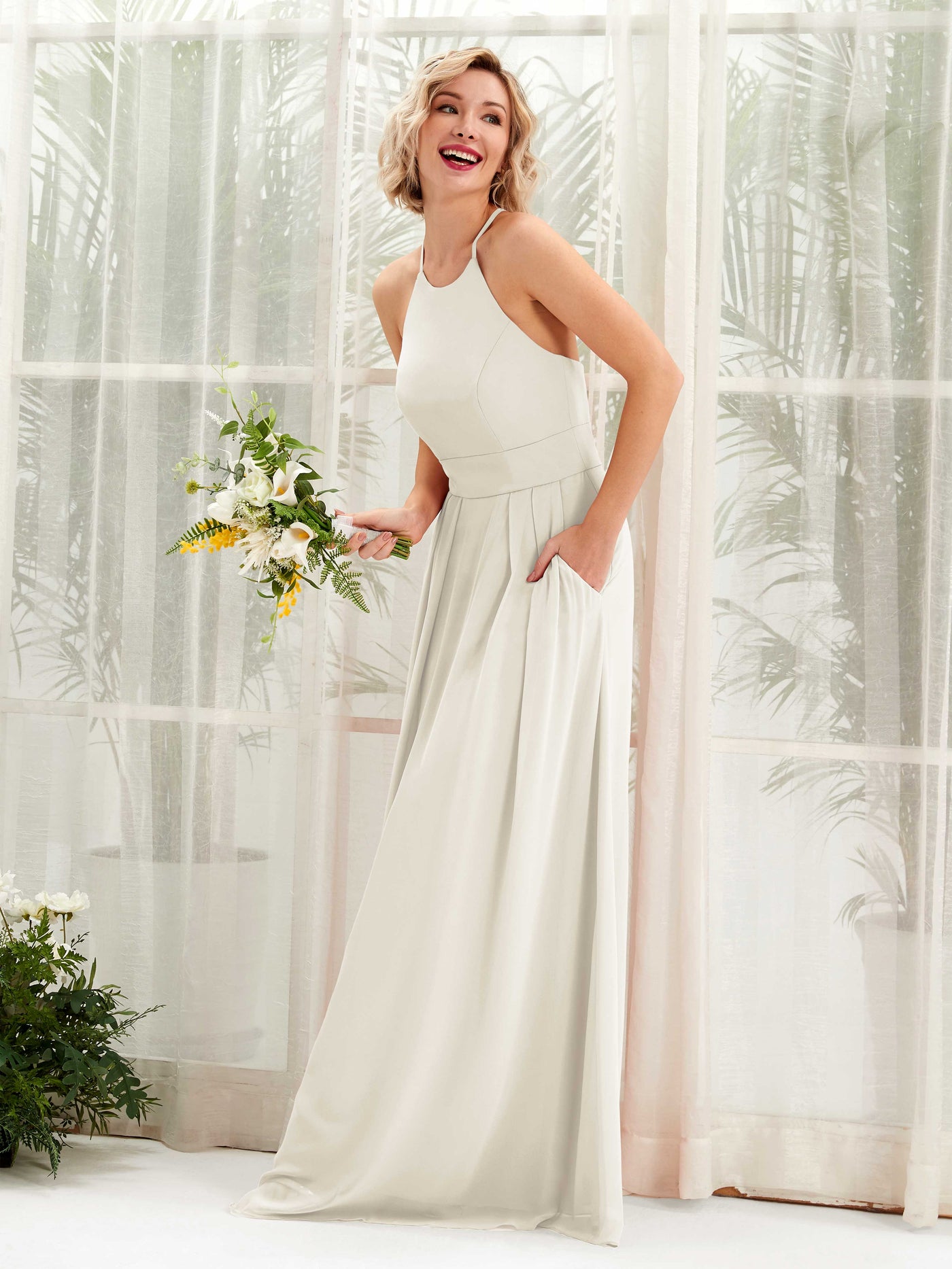 Carlyna Robe Trapèze Col Rond Longueur Ras du Sol Poches Demoiselle d'Honneur Ivoire #couleur_ivoire