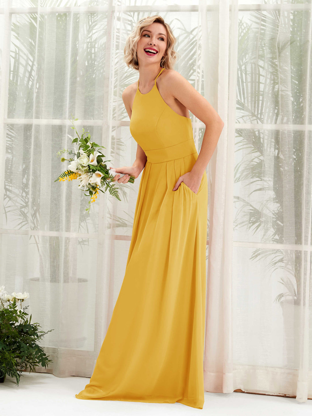 Carlyna Robe Trapèze Col Rond Longueur Ras du Sol Poches Demoiselle d&