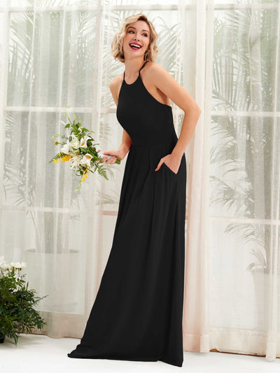 Carlyna Robe Trapèze Col Rond Longueur Ras du Sol Poches Demoiselle d'Honneur Noir #couleur_noir