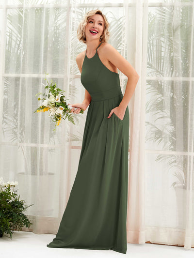 Carlyna Robe Trapèze Col Rond Longueur Ras du Sol Poches Demoiselle d'Honneur Olive Martini #couleur_olive-martini