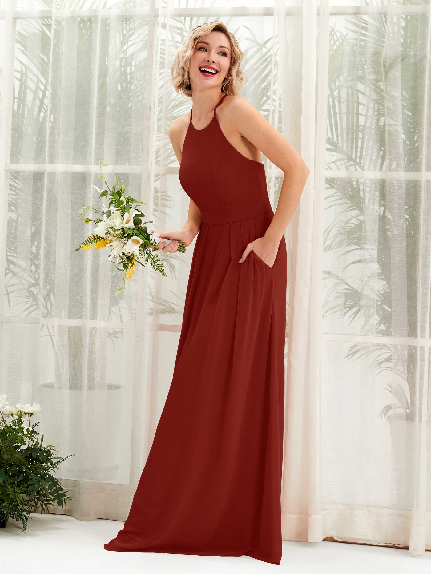 Carlyna Robe Trapèze Col Rond Longueur Ras du Sol Poches Demoiselle d'Honneur Rouille #couleur_rouille
