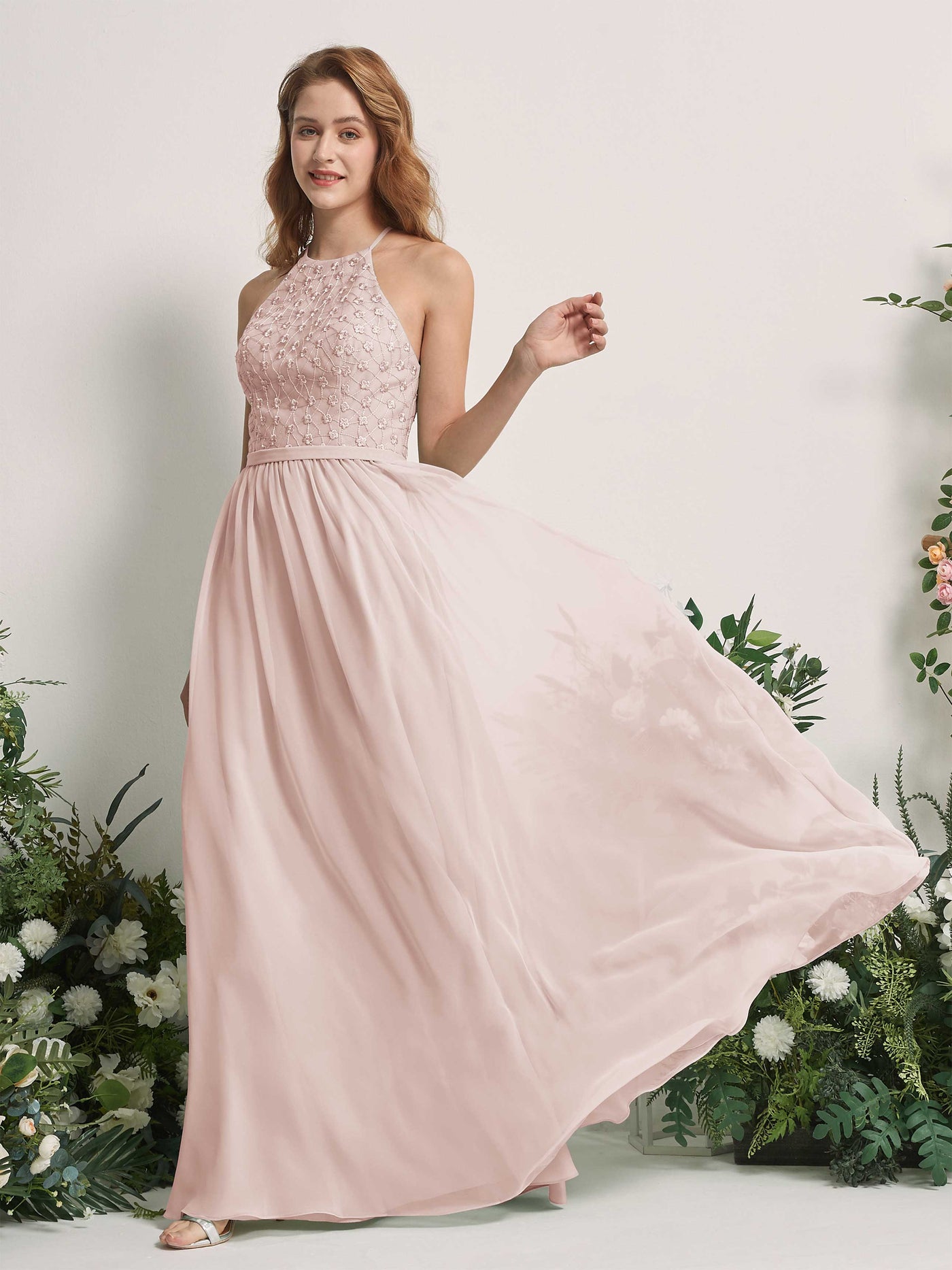 Carlyna Robe trapèze col rond longueur ras du sol robes de demoiselle d'honneur Biscotti #couleur_biscotti