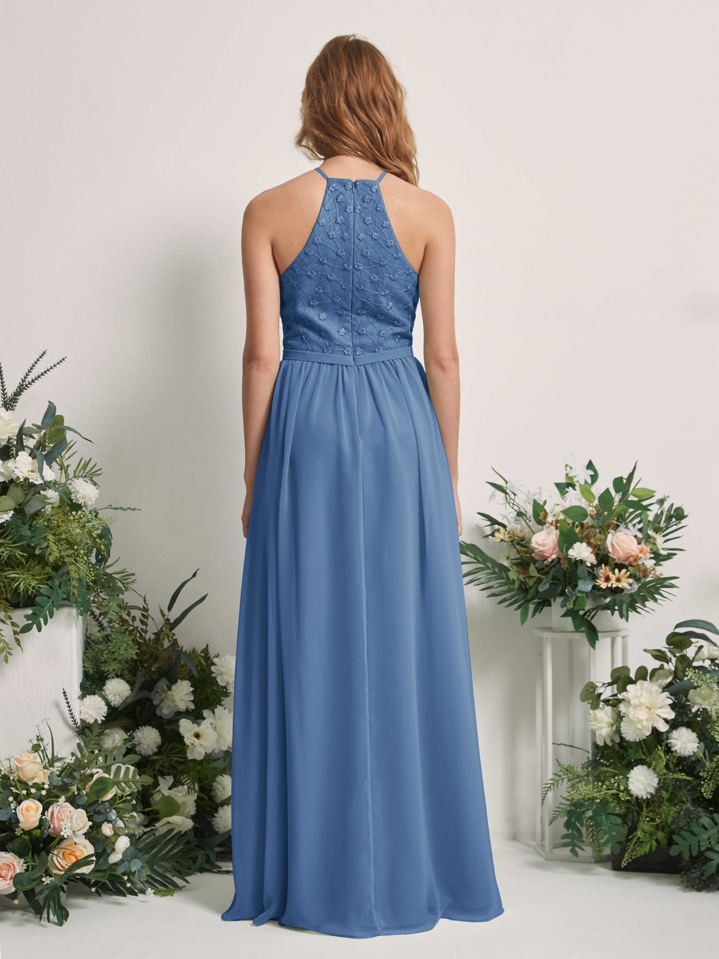 Carlyna Robe trapèze col rond longueur ras du sol robes de demoiselle d'honneur Bleu Poussiéreux #couleur_bleu-poussi-reux