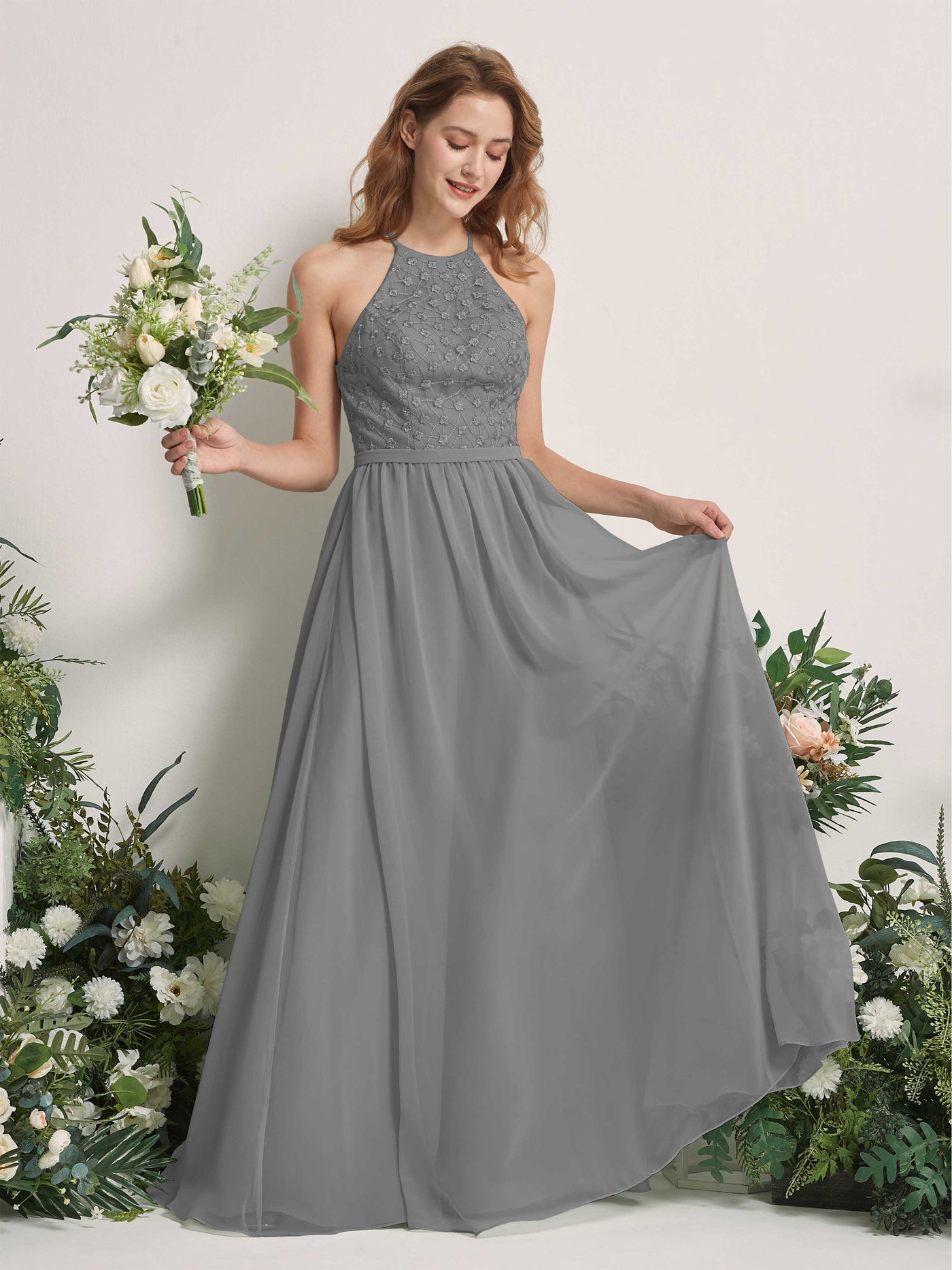 Carlyna Robe trapèze col rond longueur ras du sol robes de demoiselle d'honneur Gris Acier #couleur_gris-acier