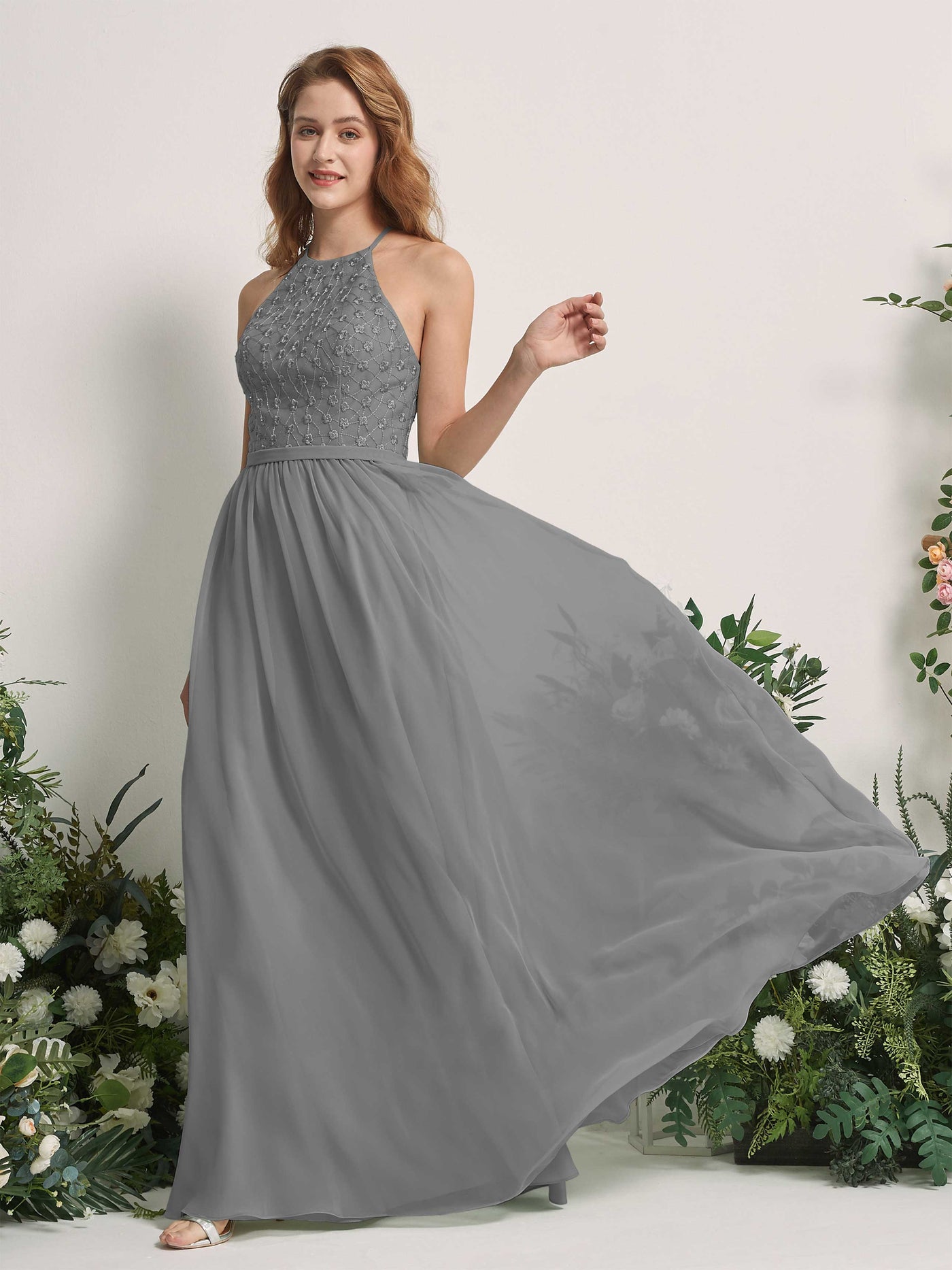 Carlyna Robe trapèze col rond longueur ras du sol robes de demoiselle d'honneur Gris Acier #couleur_gris-acier