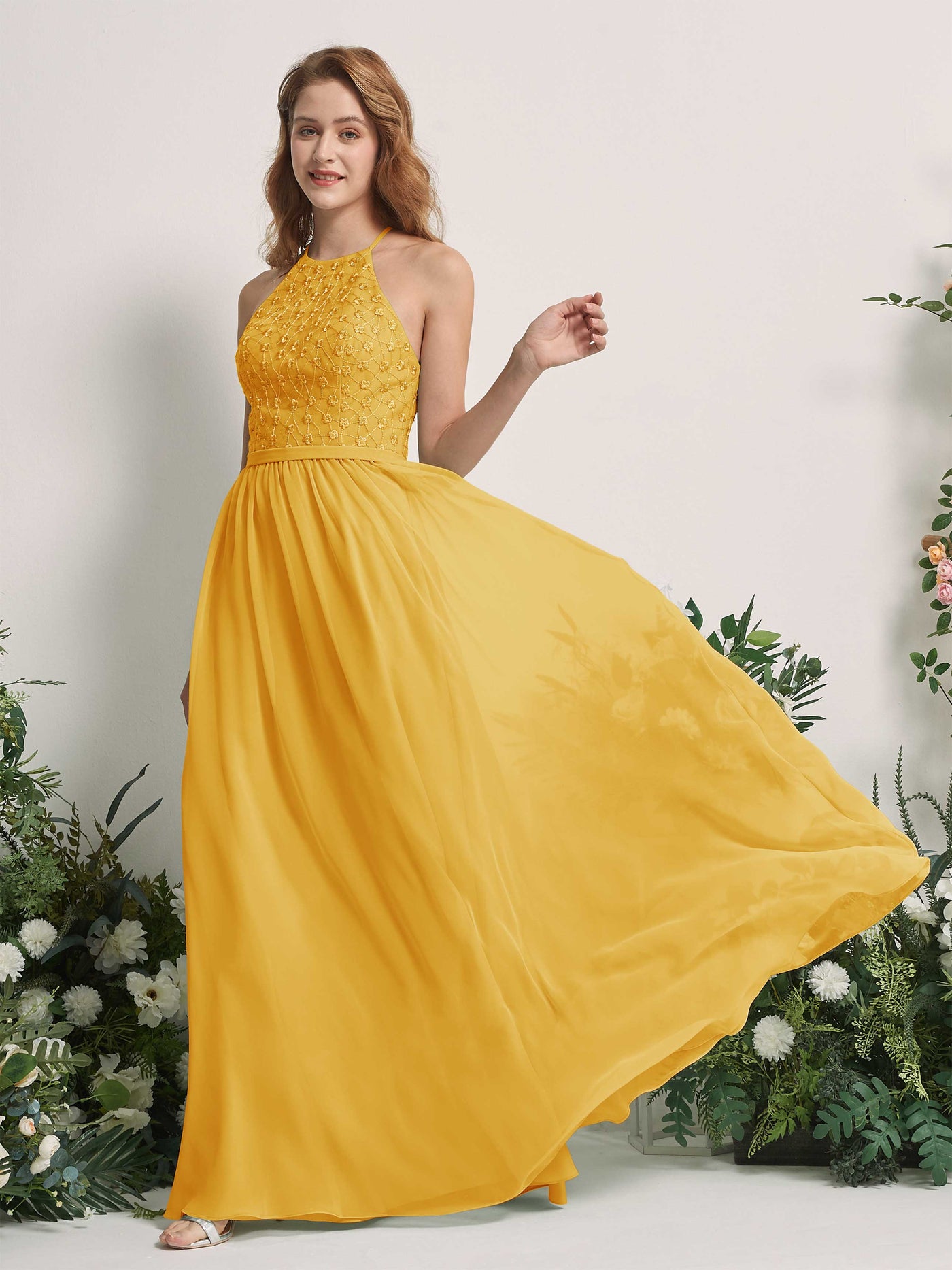Carlyna Robe trapèze col rond longueur ras du sol robes de demoiselle d'honneur Jaune Moutard #couleur_jaune-moutard