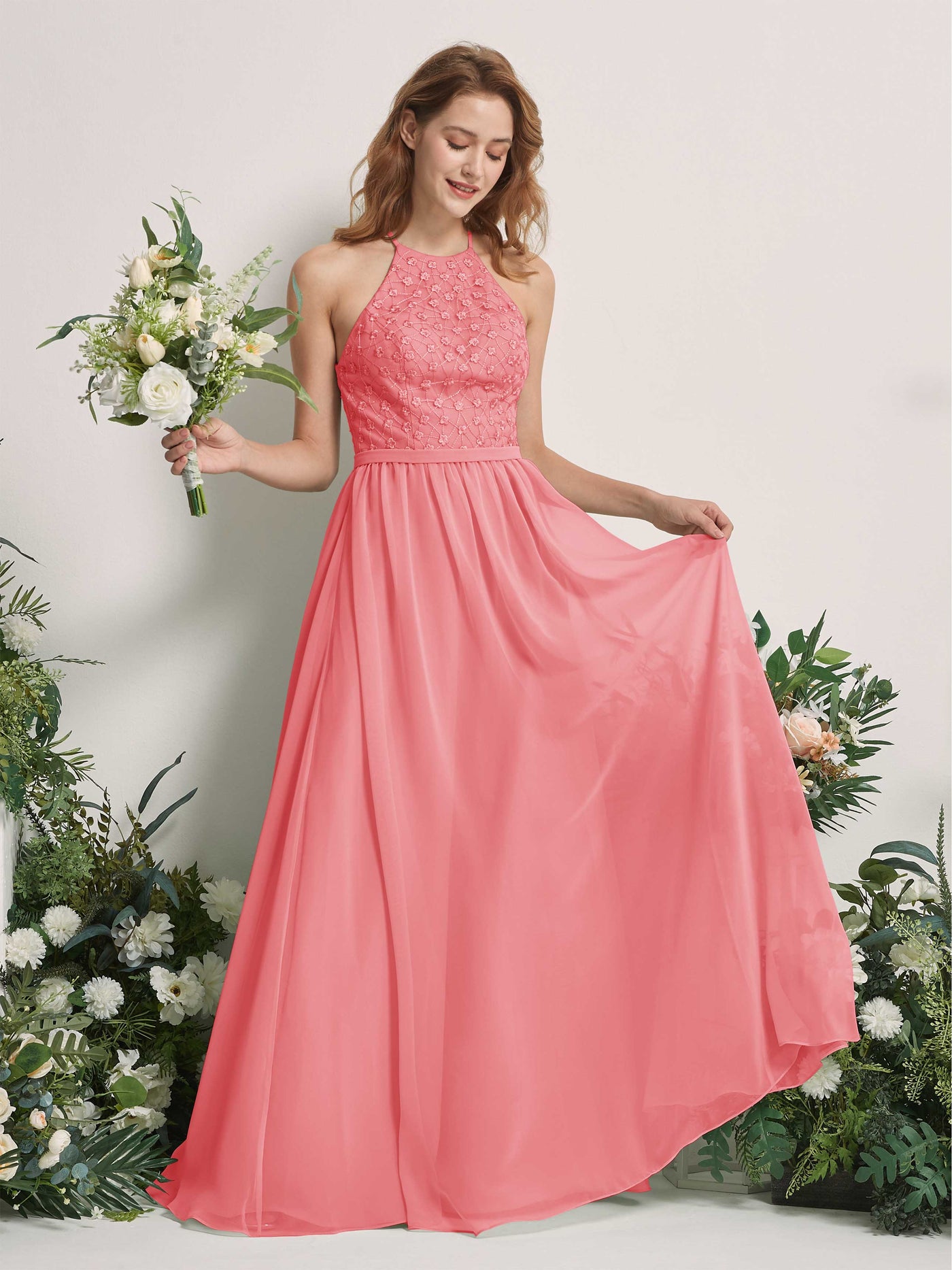 Carlyna Robe trapèze col rond longueur ras du sol robes de demoiselle d'honneur Rose Corail #couleur_rose-corail