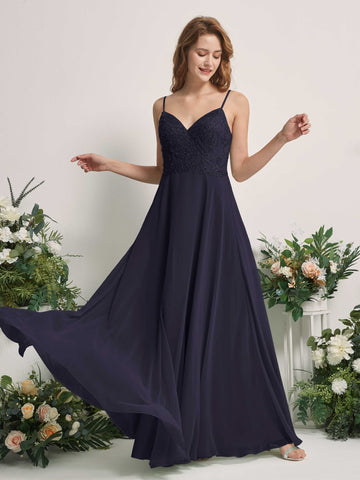 Carlyna Robe trapèze Col V Bretelles spaghetti Longueur ras du sol Demoiselle d'honneur Bleu Marine Foncé #couleur_bleu-marine-fonc