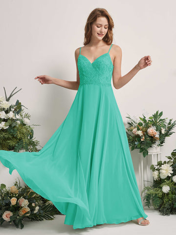Carlyna Robe trapèze Col V Bretelles spaghetti Longueur ras du sol Demoiselle d'honneur Bleu Tiffany #couleur_bleu-tiffany