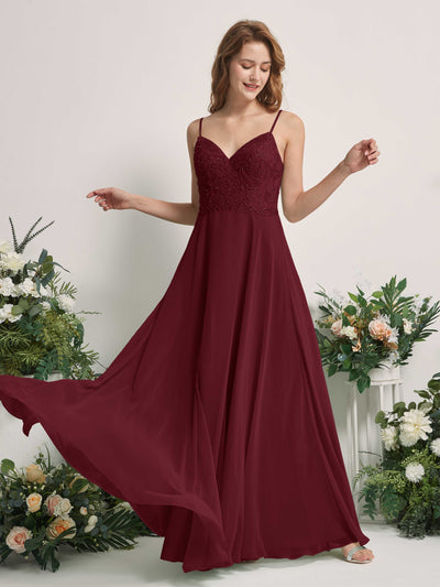 Carlyna Robe trapèze Col V Bretelles spaghetti Longueur ras du sol Demoiselle d'honneur Bordeaux #couleur_bordeaux