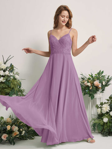 Carlyna Robe trapèze Col V Bretelles spaghetti Longueur ras du sol Demoiselle d'honneur Brume Orchidée #couleur_brume-orchid-e