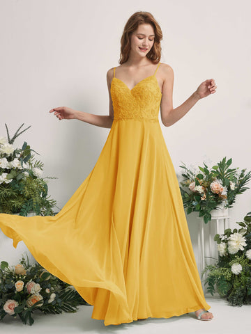 Carlyna Robe trapèze Col V Bretelles spaghetti Longueur ras du sol Demoiselle d'honneur Jaune Moutard #couleur_jaune-moutard